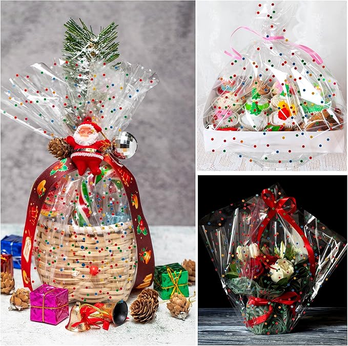 CMFYHM Extra Wide Clear Cellophane Wrap Roll(34" x 100’Ft) Multicolor Polka Dots Transparent Thicker Cellophane Roll, Cellophane Wrap for gift baskets, Flowers, Holiday,Christmas Decorations