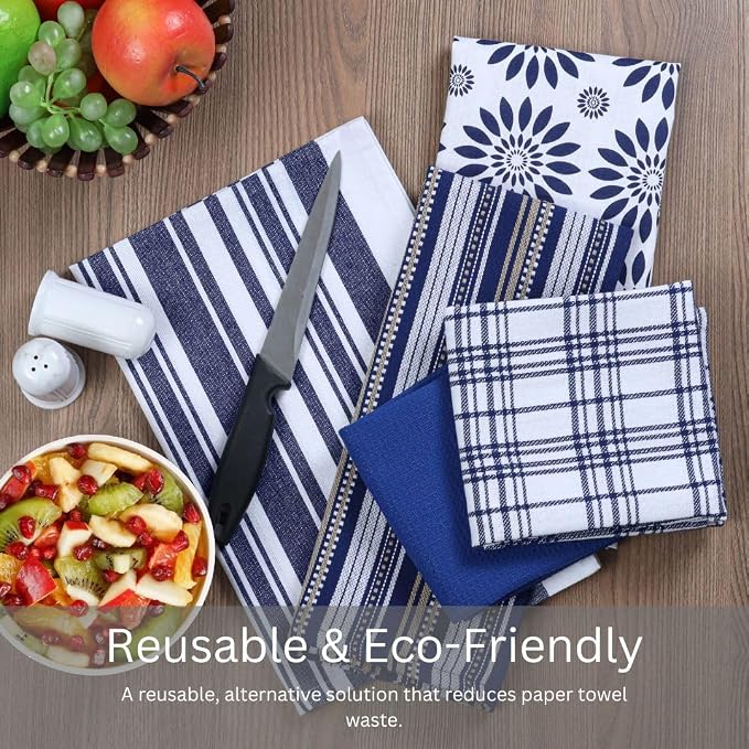 Assorted Kitchen Towels Set of 5-100% Cotton Dish Cloths Towels with Hanging Loop - Soft, Absorbent & Washable for Kitchen Use - Quick Drying Dish Towels 16x26 Inch Blue
