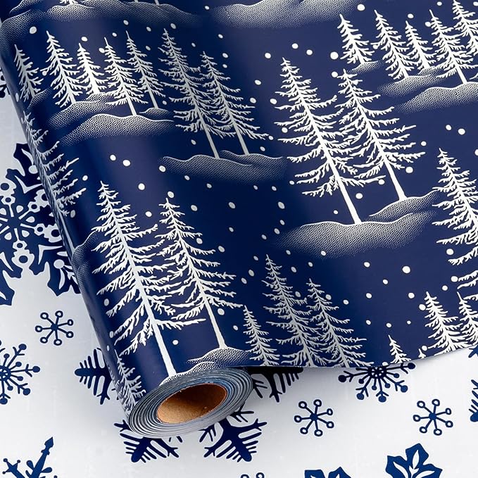 MAYPLUSS Christmas Wrapping Paper Roll - 17IN X 33FT - Blue Gift Wrapping Paper Featuring Christmas Tree Against Navy Blue Reversible Snowflke for Kids, Holiday, New Year