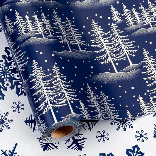 MAYPLUSS Christmas Wrapping Paper Roll - 17IN X 33FT - Blue Gift Wrapping Paper Featuring Christmas Tree Against Navy Blue Reversible Snowflke for Kids, Holiday, New Year