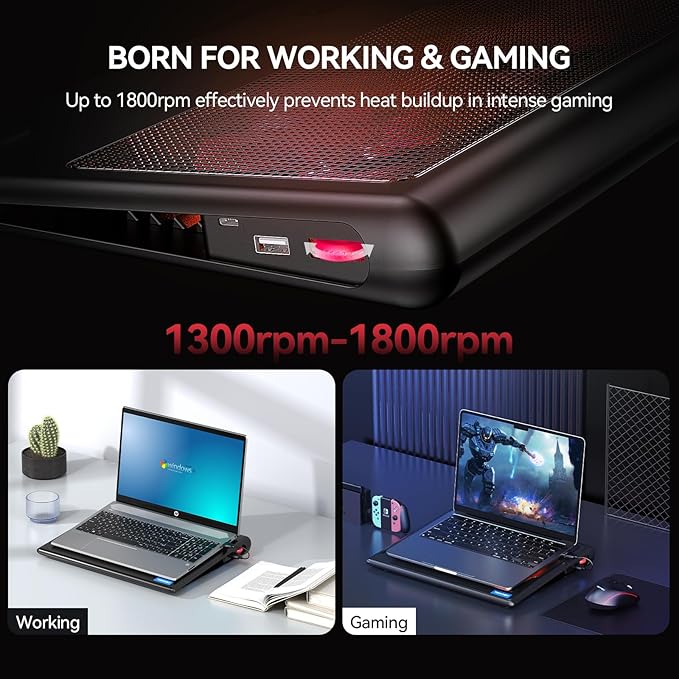 TECKNET Laptop Cooling Pad - 12"-15.6" Laptop Cooler, Powerful Cooler and Ultra Quiet for Gaming Laptops Pad, 2 Wind Speed Adjustable, USB A & C Powered Cooler Stand with Laptops Fan LED (Red)