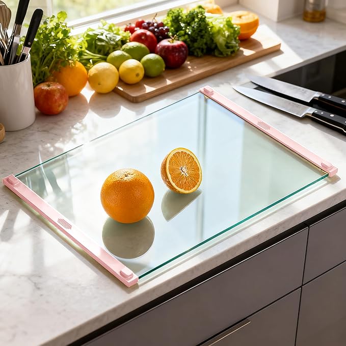 2PCS Glass Cutting Board with Silicone Grip, 80% Stronger Shatter Resistance and Slip Resistance,No Scratches/Microplastic-Free,Dishwasher Safe, Non Toxic Chopping Board for Kitchen (Pink)