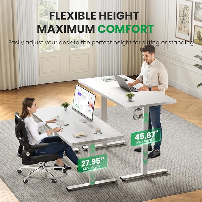 SIAGO Electric Standing Desk Adjustable - 60x28 Inch Sit Stand Desk with 1 Inch Thick Tabletop, Double Beam Frame, 3 Memory Height Adjustment, Cable Management for Home Office