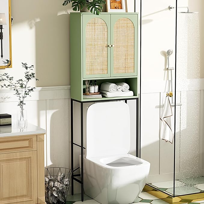 VINGLI Over The Toilet Storage Cabinet, Sage Green Bathroom Organizer Over Toilet with Arched Rattan Doors, Freestanding Space Saver Rack with Adjustable Shelf for Restroom Laundry, Modern Boho