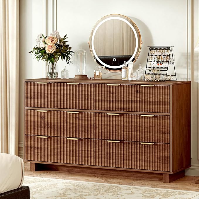 54.72" Modern Chest of Drawer, 6 Deep Drawers,Clothes Organizer,Large Storage Cabinet for Living Room, Bedroom,Dresser TV Stand, Wood Drawer Organizer for Living Room, Hallway, Sepia