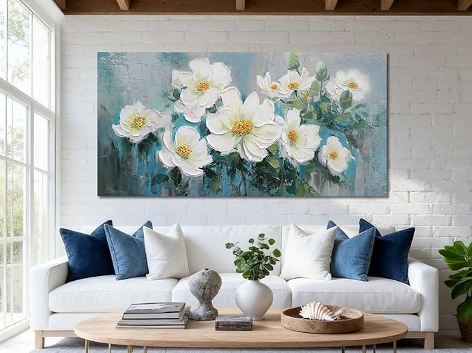Ardemy White Floral Canvas Wall Art Extra Large Teal Textured Pictures Wall Decor Turquoise Paintings Artwork for Living Room Bedroom Home Office, 58"x29"