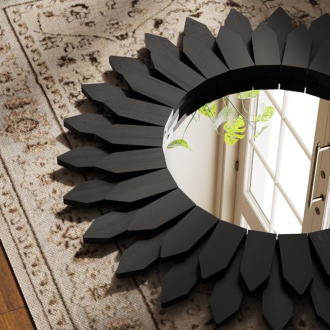 Boho Wood Sunburst Round Wall Mirror, 20 Inch Rustic Circle Wooden Frame Decorative Mirror for Farmhouse Coastal Home, Home Wall Decor for Living Room Entryway Bedroom, Black