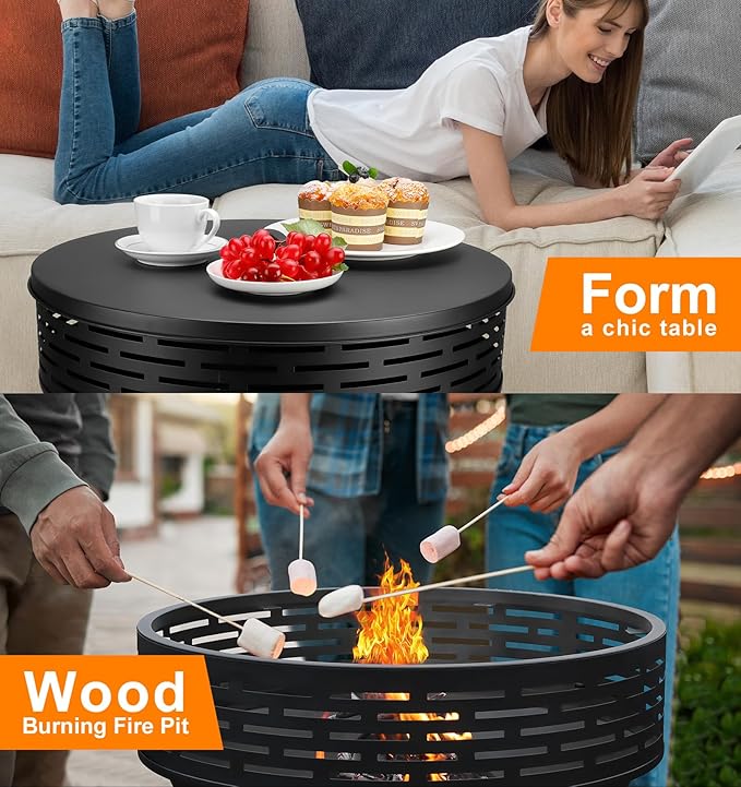 PWSOMJ 23 Inch Cast Iron Round Fire Pit with Grill, 3-in-1 Outdoor Fire Bowl, Fire Pit Table with Metal Lid and Fire Poker, Wood Burning Firepit for BBQ Bonfire Patio Picnic