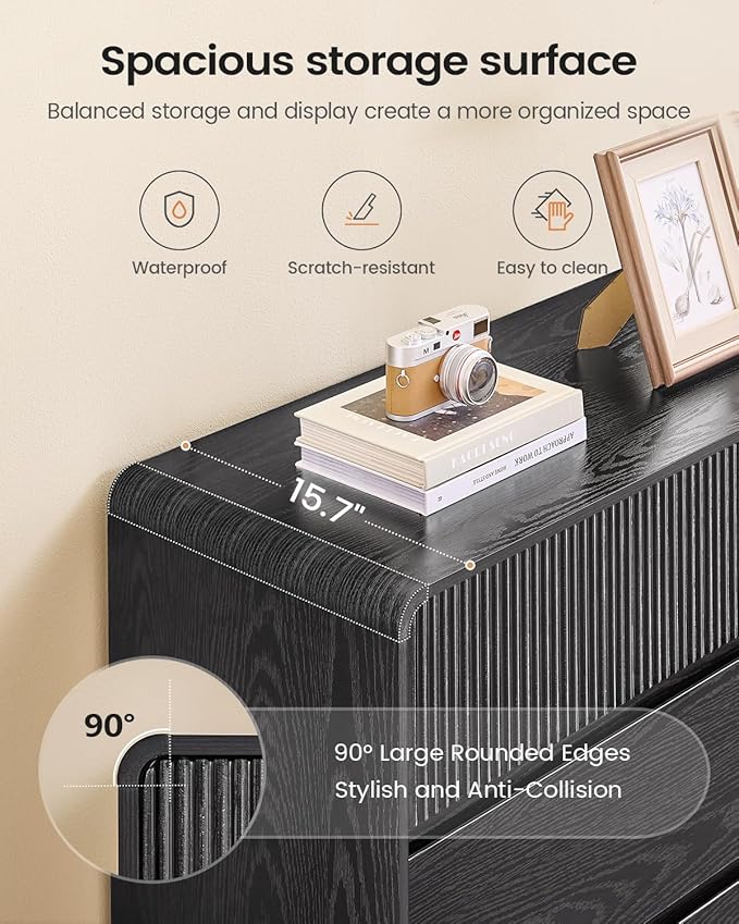AOGLLATI Modern 6 Drawer Dresser for Bedroom, 47" Wide Fluted Double Black Dressers & Chests of Drawers with Curved Profile Design for Bedroom,Black