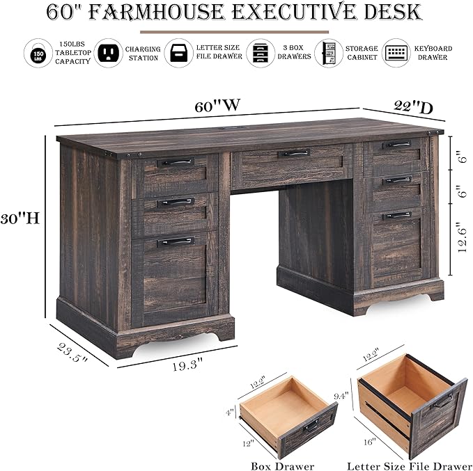 RedLemon 60" Farmhouse Executive Desk, Home Office Desk with Drawers, Charging Station, Keyboard Tray, File Drawer, Storage Cabinet, Wood Rustic Computer Writing Desk (Dark Rustic Oak)
