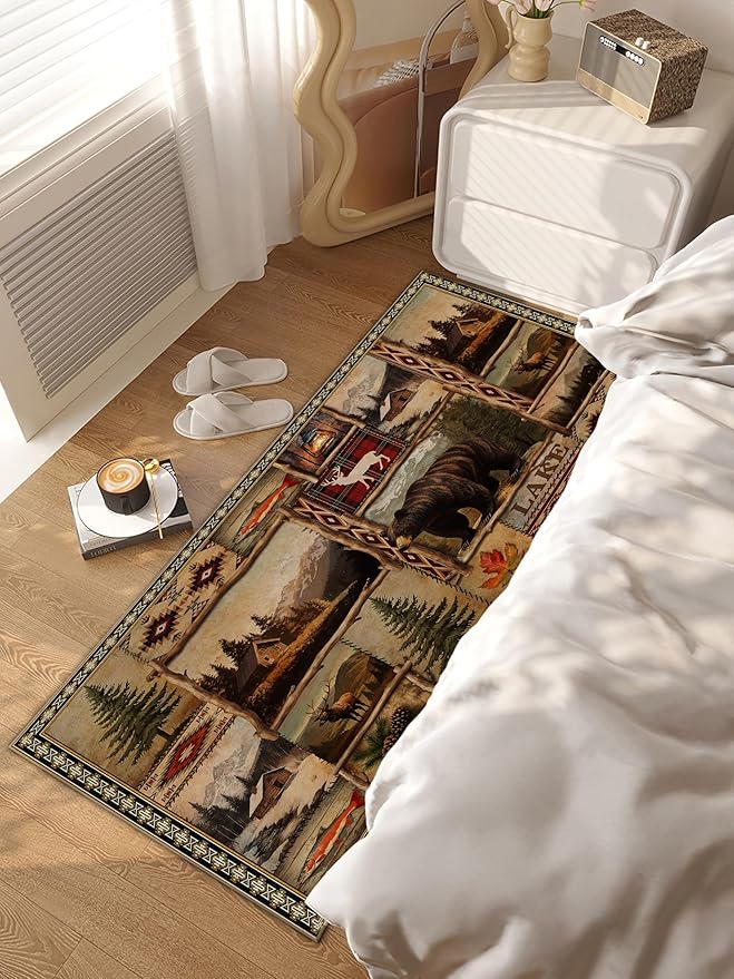 Vintage Rustic Bear Runner Rug for Hallway, Rustic Lodge Kitchen Runner 2x6 Non-Slip Cabin Decor Farmhouse Carpet for Hallways Kitchen Laundry Bedroom Bathroom Machine Washable Rugs Runners