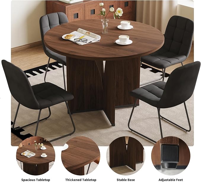 HIPIHOM Modern Round Dining Table Set for 4, 39.4" Walnut Kitchen Table with 4 PU Leather Chairs, 5-Piece Mid-Century Dining Room Set for Small Spaces, Pedestal Base