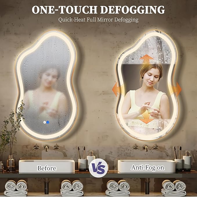Irregular LED Bathroom Mirror with Lights, Cloud Smart Backlit Mirror, Dimmable Lighted Bathroom Gold Mirror with Anti-Fog, Asymmetrical Vanity Mirror Hangable 2 Ways (Gold, 20 x 36, 2 Pack)