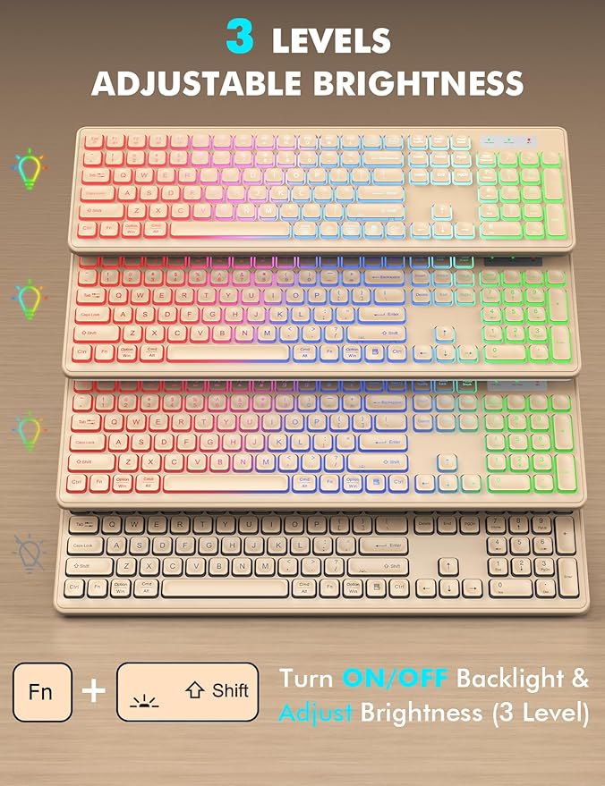 Wireless Keyboard and Mouse Combo, RGB Backlit, Rechargeable & Light Up Letters, Full-Size, Soft Typing, Sleep Mode, 2.4GHz Quiet Keyboard Set for Mac, Windows, Laptop, PC, Trueque (Warm Sand)