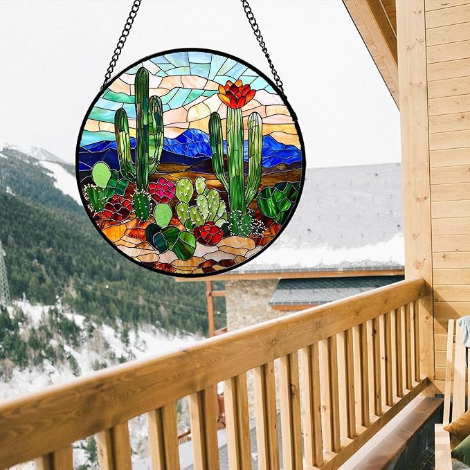 Stained Glass Window Hanging, Green Cactus Suncatcher for Doors Window Home Plant Landscape Sun Catchers Decoration Mother's Day Birthday Gifts for Women, Men, and Mom 6.3 in