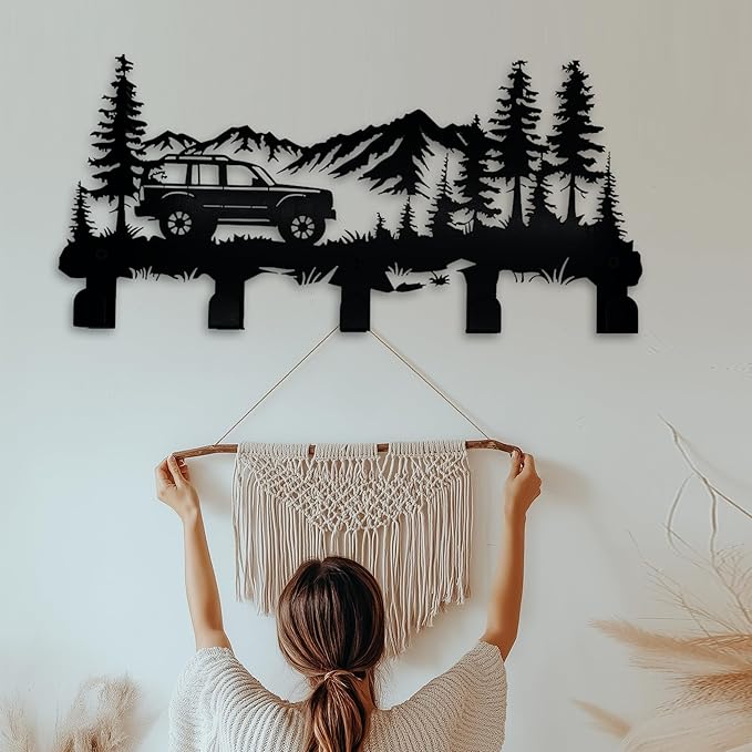 Metal Car Coat Hooks and Key Holder, Mountain Design Wall Art Decor with 5 Hooks, Clothes Hat Rack, and Backpack Hanger, Storage Decor for Living Room, Hallway, Office, Kitchen, Entryway, and Bedroom