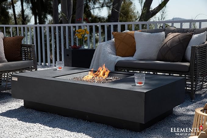 Elementi+ | Cannes Gas Fire Pit Cast Concrete 60" Rectangular Fire Table, Outdoor Fire Pit Electronic Ignition | Canvas Cover, Fire Glass and Burner Lid Included | Dark Gray | Natural Gas