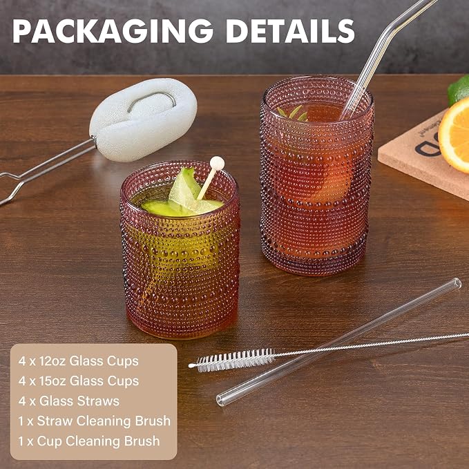 ZMOWIPDL Vintage Hobnail Drinking Glasses Set of 8,Purple 12 oz & 15oz Highball Glass Cups, Kitchen Drinkware Glassware,Embossed Water Tumbler,for Beer,Cocktail,Whiskey,Juice and Various Mixed Drinks