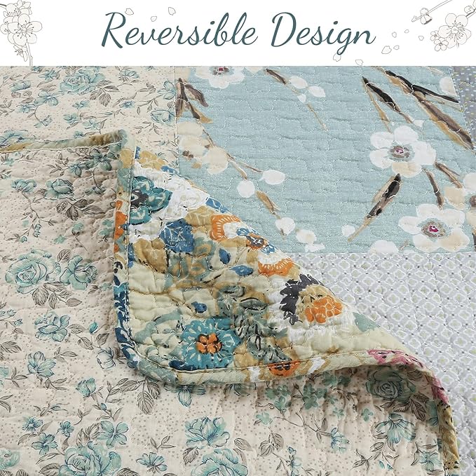 Cozy Line Home Fashions 100% Cotton Classic Patchwork Bedding Quilt Set, Blue Gray Teal Taupe Floral Bohemian Style Reversible Bedspread Coverlet (Carolina Bloom, King - 3 Piece)