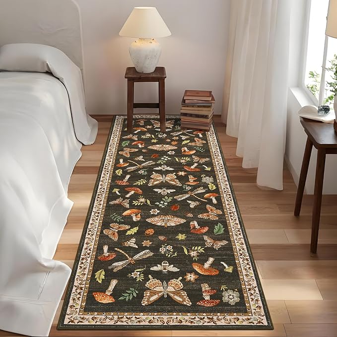 Washable 2x6 Vintage Runners for Hallway Entryway Retro Distressed Kitchen Carpet Runner Low Pile Soft Bedside Boho Carpet Non Slip Bath Rug Mushroom Floral Accent Carpets, Brown