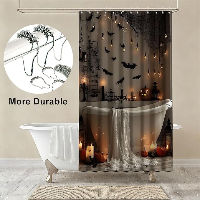 Horror Halloween Shower Curtain Bats Spooky Shower Curtains for Bathroom Waterproof Fabric Bath Curtain Decor with Hooks