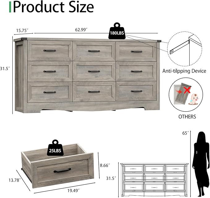 Dresser for Bedroom with 9 Drawers, 63" Wide Wood Chest of Drawers with Deep Drawers & Mental Handle, Modern Dresser TV Stand, Wooden Closet Storage Organizer for Living Room, Hallway, Entryway, Grey