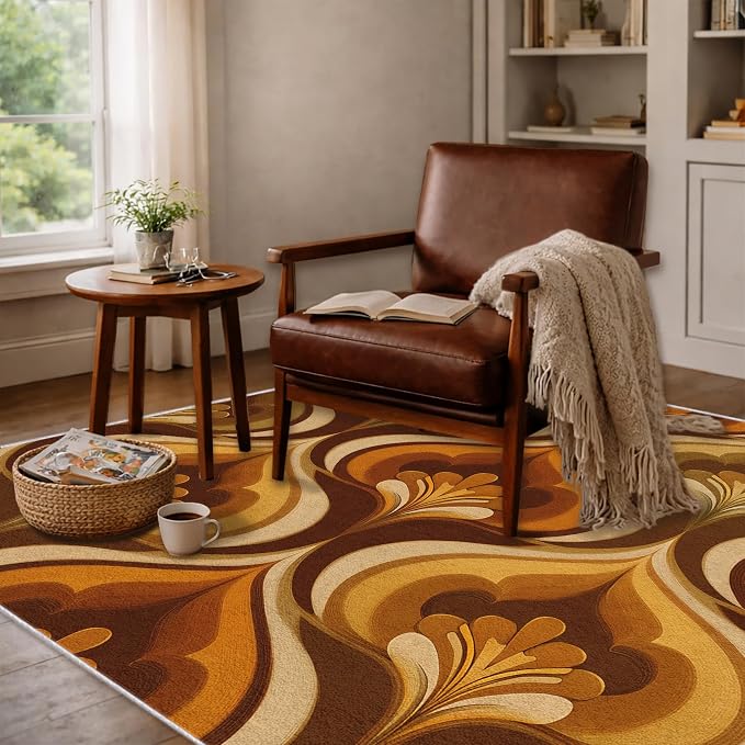 Retro 70s Area Rug 2x3, Mid Century Floral Geometric Rug, Burnt Orange Brown Vintage Carpet for Living Room Bedroom, Non-Slip Washable Area Rug