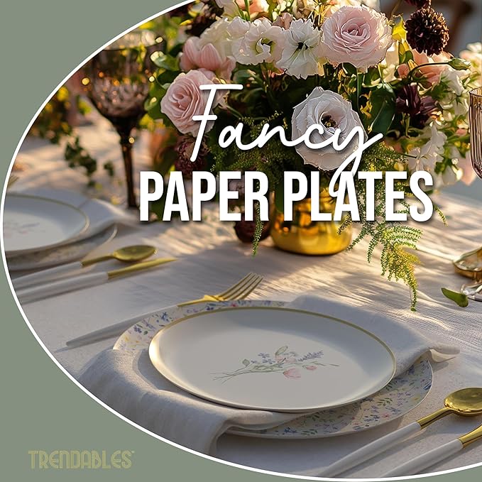Trendables Heavy Duty Paper Plates Set For 32 Guests - 32 Each Of 8-inch And 10-inch Disposable Plates For Party - Fancy 64 Piece Dinnerware Set For All Occasions | Floral Design, Charm