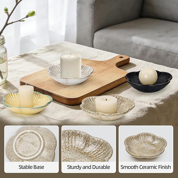 Koythin Ceramic Candlestick Holder for Pillar Candles, Floral Shape Candle Stand & Dish Bowl for Candlesticks, Incense, Decorative Ceramic Plate Tray for Table Centerpiece and Home Decor (Khaki)