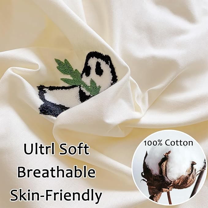 MorroMorn Twin Duvet Cover Cotton, Green 3D Embroidery Twin Bedding Sets, Cute Chenille Embroidered Comforter Covers Summer Blanket Soft for Girls Boys Kids Teen Preppy Dorm (Panda, Twin/Twin XL)