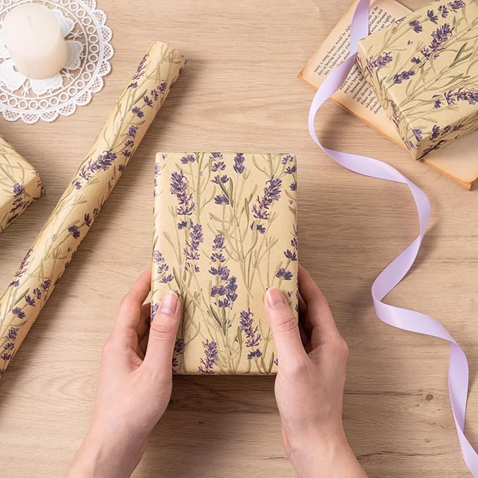 RUSPEPA Lavender Wrapping Paper Roll for Women, Delicate Floral Kraft Gift Wrap, Purple Lavender Design Perfect for Spring, Wedding, Mother's Day, Bridal Shower and Birthday, 17 Inches x 16.4 Feet