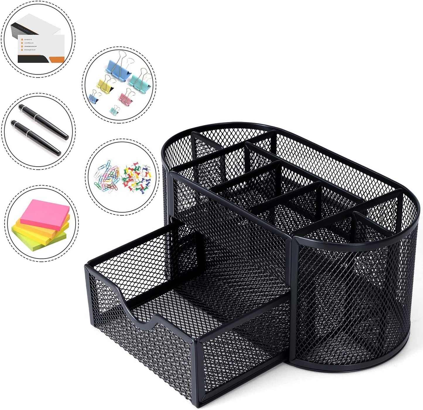 Skiennix Black Mesh Pen Holder - Cute Desk Organizer with 8 Compartments & Drawer for Office, School, Home