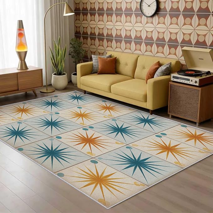 Starburst Rug 5x7 Mid Century Atomic Checkboard Distressed Pattern Area Rugs for Living Room, Bedroom, Starburst Home Decor Accessories Indoor Carpet, Non Slip & Machine Washable