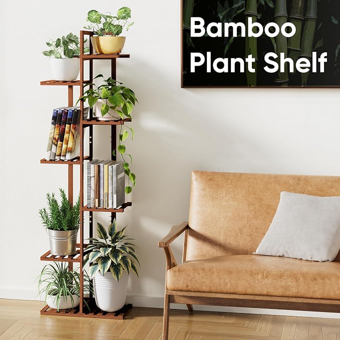 ROSSNY 55 Inch Tall Plant Stand Indoor, 7 Tier 8 Potted Bamboo Plant Stands for Indoor Plants, Corner Plant Stand, Tiered Plant Stands, Plant Shelf For Indoor, Planter Holder for Multiple Plants Indoor, Brown