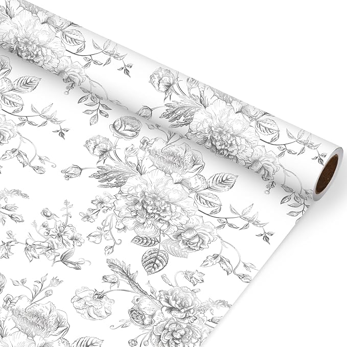 JarThenaAMCS Silver Foil Floral Wrapping Paper - Mini Roll - 17 Inch x 32.8 Ft Vintage Flower Gift Wrap Paper Decorative Art Paper for Spring DIY Crafts Supplies