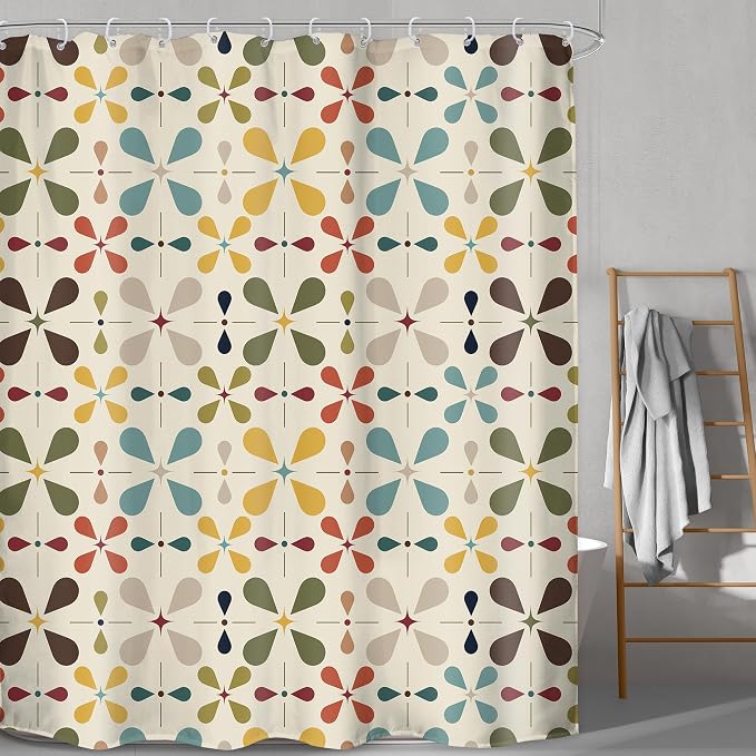 Boho Mid Century Shower Curtain Bathroom Set 71Wx84H Inches Extra Long Abstract Modern Colourful Vintage Bohemian Geometric Bath Accessories Water Drop Art Home Decor Fabric 12 Pack Hooks