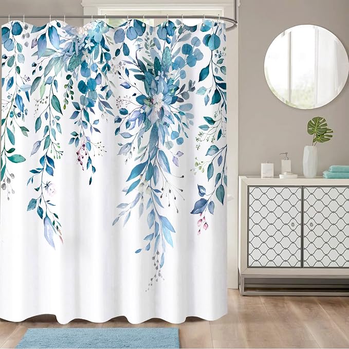 Long Blue Eucalyptus Shower Curtain Watercolor Floral Plant Leaf Shower Curtains for Bathroom Botanical Flower Waterproof Fabric Bath Curtain Decor with Hooks (Blue, 72'' x 78'')