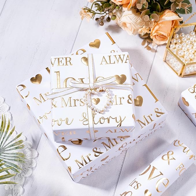 RUSPEPA Wrapping Paper Roll, Bridal Shower Gift Wrap, Mini Roll, 17 Inches x 16.5 Feet, White and Gold Foil LOVE Design for Wedding, Anniversary, Engagement