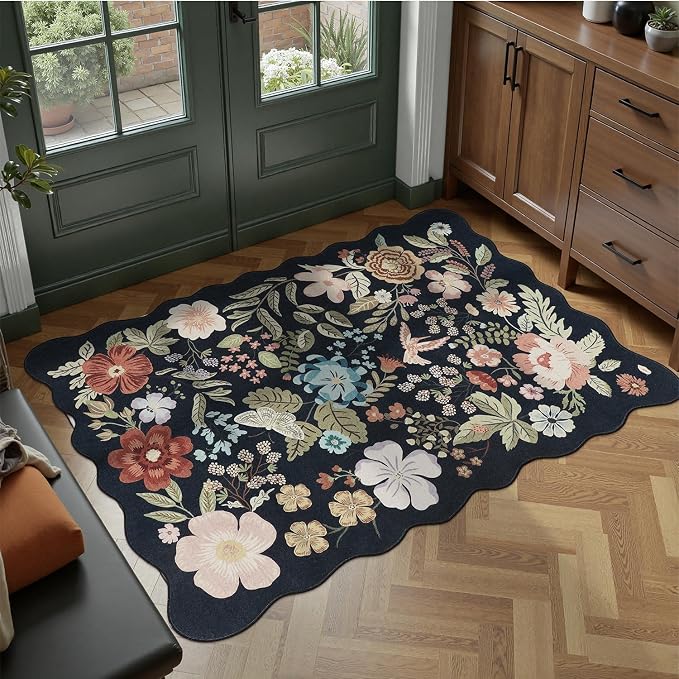 DCX Black Floral Rug 2x3, Washable Black Rug for Living Room, Kid & Pet Friendly with Rubber Back Non Slip, Soft Low Pile Carpet, Stain Resistant Rug for Bedroom, Nursery, Dining Room