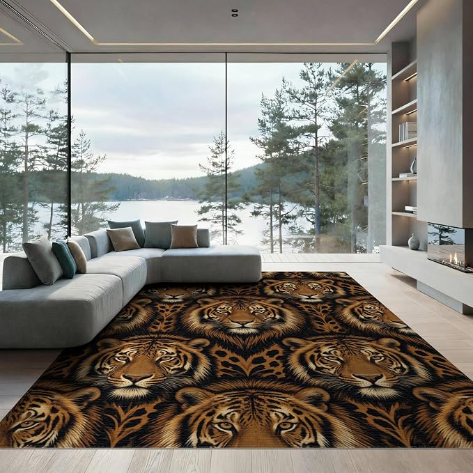 8'x10' Washable Flatwoven Rug, Orange Modern Tiger Print Stain Resistant Extra Large Carpet Non-Slip Chair-Friendly Mat for Dining Room, Large Office, Lounge | Ref:2229845