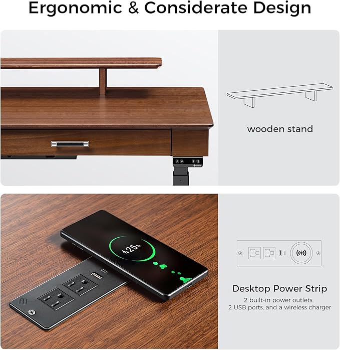 EUREKA ERGONOMIC Ark Standing Desk, 63 inch Executive Desk with Drawers,Modern Trapezoidal Leg Luxury Home Office Computer Desk w Monitor Stand Smart APP Control, Walnut
