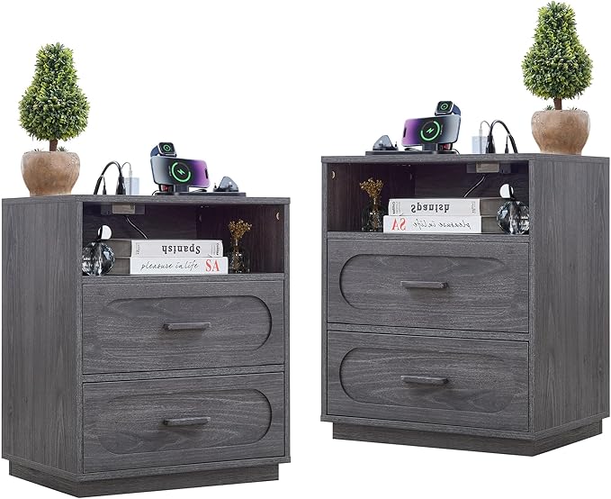 Night Stand Set of 2 with Charging Station, 25.8" Tall Wide Wood End Table with 2 Storage Drawers and Open Shelf, Mid Century Modern Bedside Table for Bedroom, Living Room, Gray