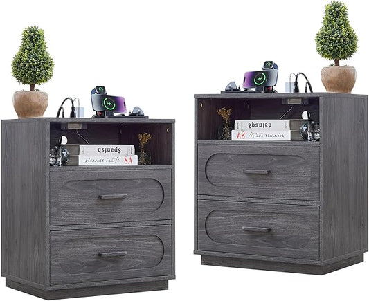 Night Stand Set of 2 with Charging Station, 25.8" Tall Wide Wood End Table with 2 Storage Drawers and Open Shelf, Mid Century Modern Bedside Table for Bedroom, Living Room, Gray