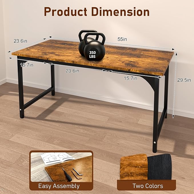Computer Desk, 55 Inch Home Office Desks, Office Desk for Gaming Writing Study Work, Study Table with Large Legroom, Computer Desk with Metal Frame, Modern Simple Home Office Desk for Bedroom