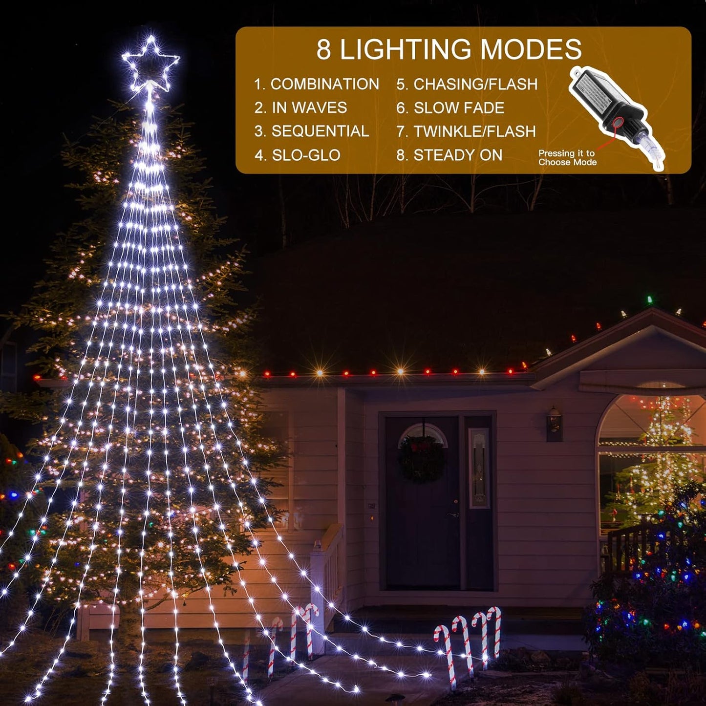 Skiennix Christmas Star String Lights - 344 LED Waterfall Tree Lights with Iron Topper | Pure White Indoor/Outdoor Decor