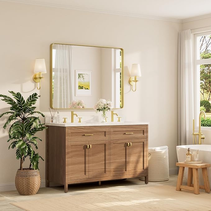 TETOTE 48 x 36 Inch Gold Bathroom Mirror, Champagne Gold Brushed Metal Framed Modern Vanity Mirror, Brushed Brass Rectangle Decorative Wall Mirrors Shatterproof (Horizontal/Vertical)