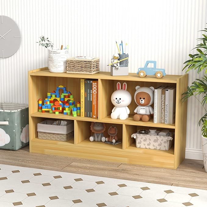 Toy Storage Organizer, 2-Tier Kids Bookshelf, 5 Cube Kids' Bookcases, Cabinets & Shelves, Wooden Toy Organizers, Small Book Shelf for Bedroom, Playroom, Classroom, Nursery (Burlywood)