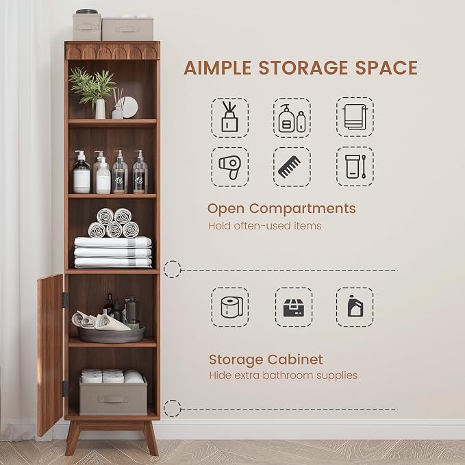 71" Tall Narrow Bathroom Storage Cabinet with Door, Small Fluted Cabinet with Adjustable Shelves & 3-Tier Open Shelf, Modern Freestanding Slim Organizer for Space Saving Living Room Kitchen (Walnut)