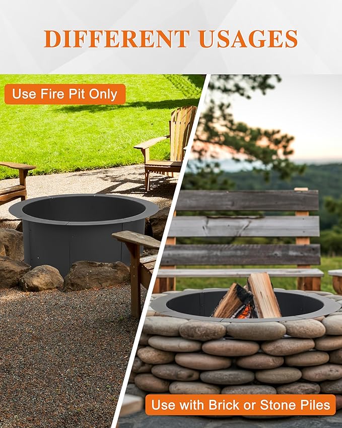 BPS 36 Inch Fire Pit Ring, Heavy Duty Metal Round Fire Pit for Outdoor DIY Wood Burning, Backyard, Camping, Patio Bonfire