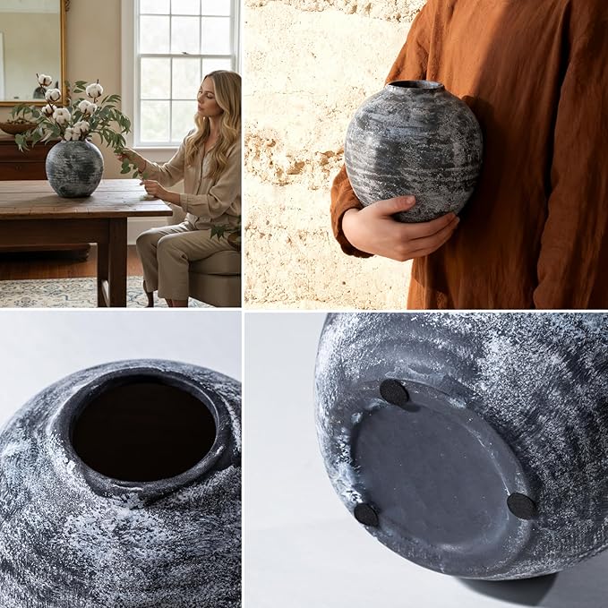 Farmhouse Rustic Ceramic Vase, 6.5 inch Gray-White Handcrafted Weathered Stone Pottery Terracotta Vintage Vases for Home Decor Living Room Table Shelf Decorative (Round - B)